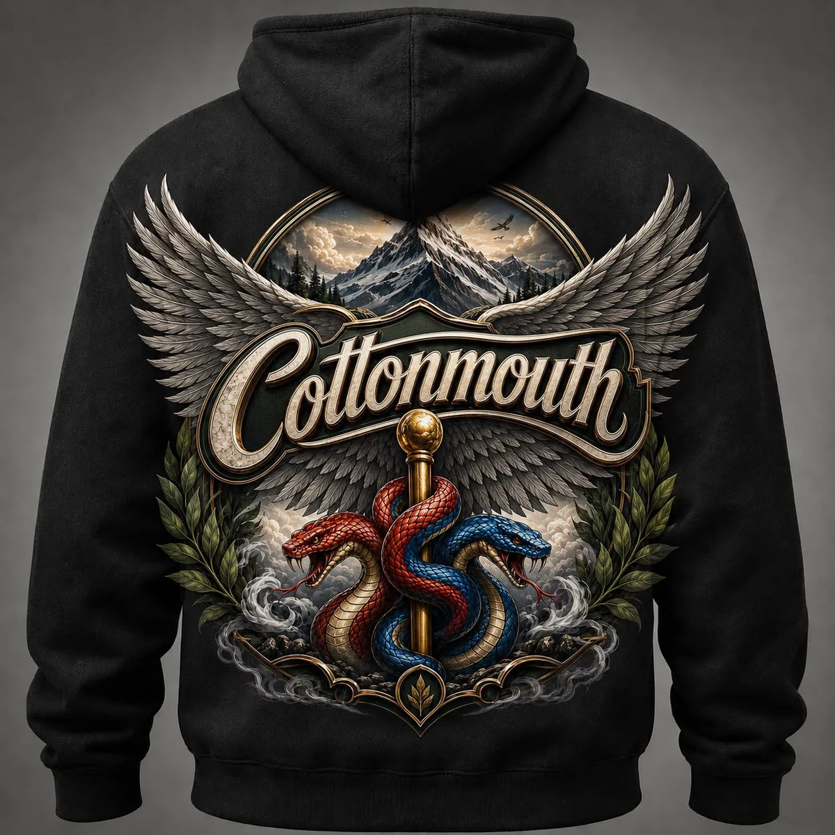 Back of the black Cottonmouth hoodie showing the full mountain and twin snake crest